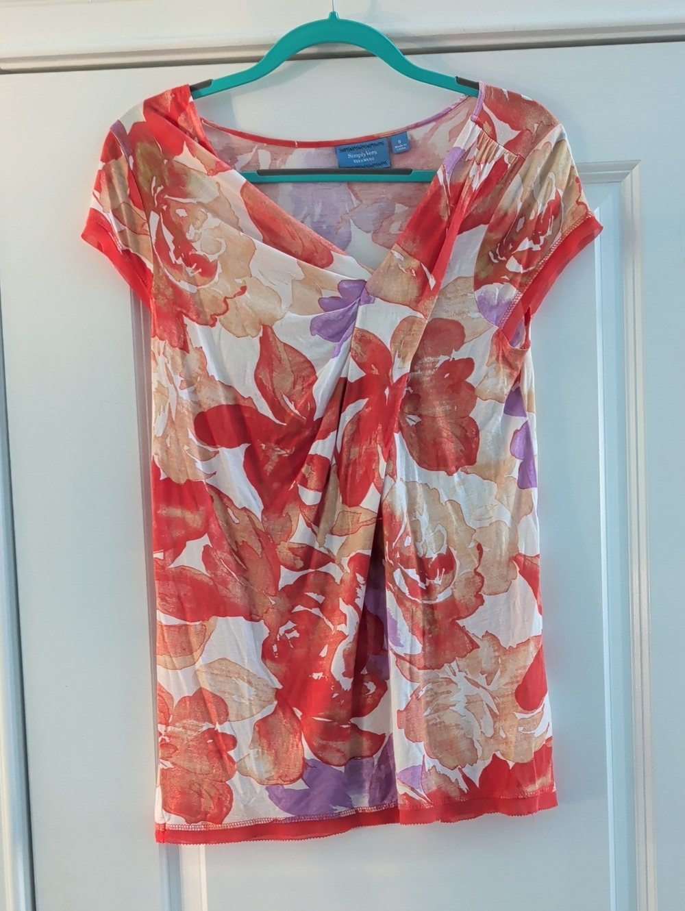 Simply Vera Vera Wang Coral Floral Draped Tunic Top with Lavender Accents